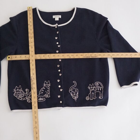VTG Christopher & Banks Navy Knit Cat Embroidered Cardigan Cotton Blend XL - Picture 2 of 8